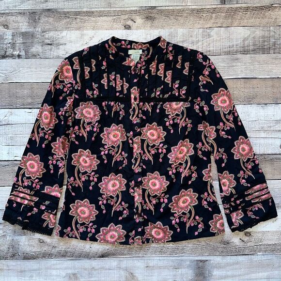 Anthropologie Embroidered Cotton Floral Button Up Long Sleeve Blouse | 8 - Picture 1 of 5